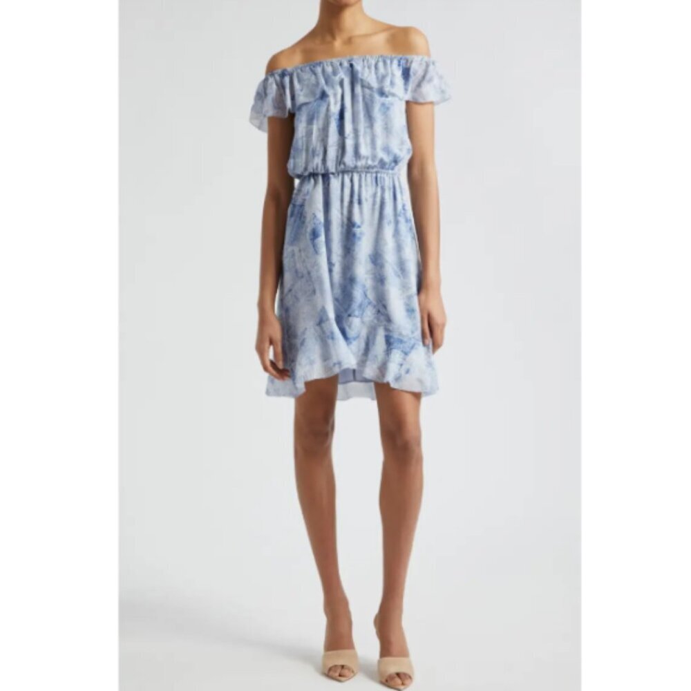 L'AGENCE 'Leonie' Off-The-Shoulder Denim-Print Silk Mini-Dress, Blue Multi